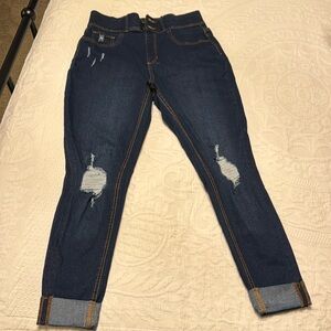 Distressed skinny jeans with cuff, pull on, size medium